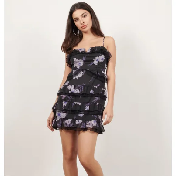 Tobi Dresses Toby Irma Black Multi Floral Ruffle Bodycon Dress